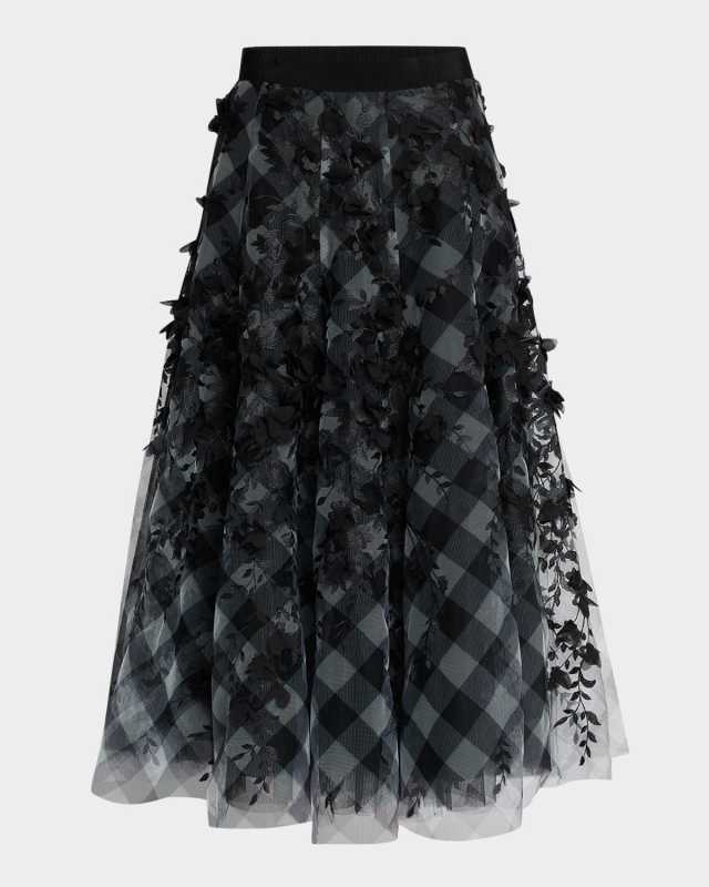 Check Tulle Petal Applique Midi Skirt